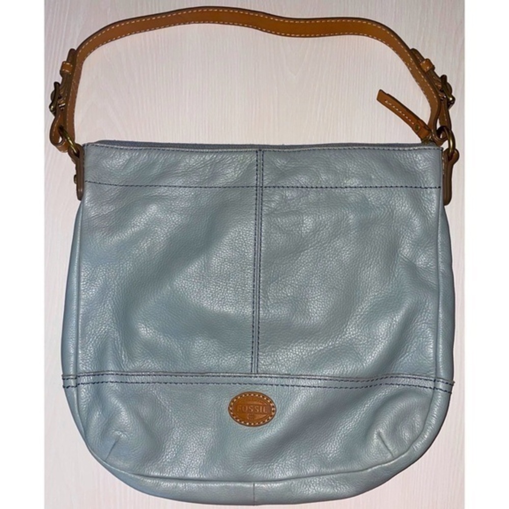 Fossil Cowhide Leather Bag Blue Shoulder Handbag Purse Adjustable Tan Strap